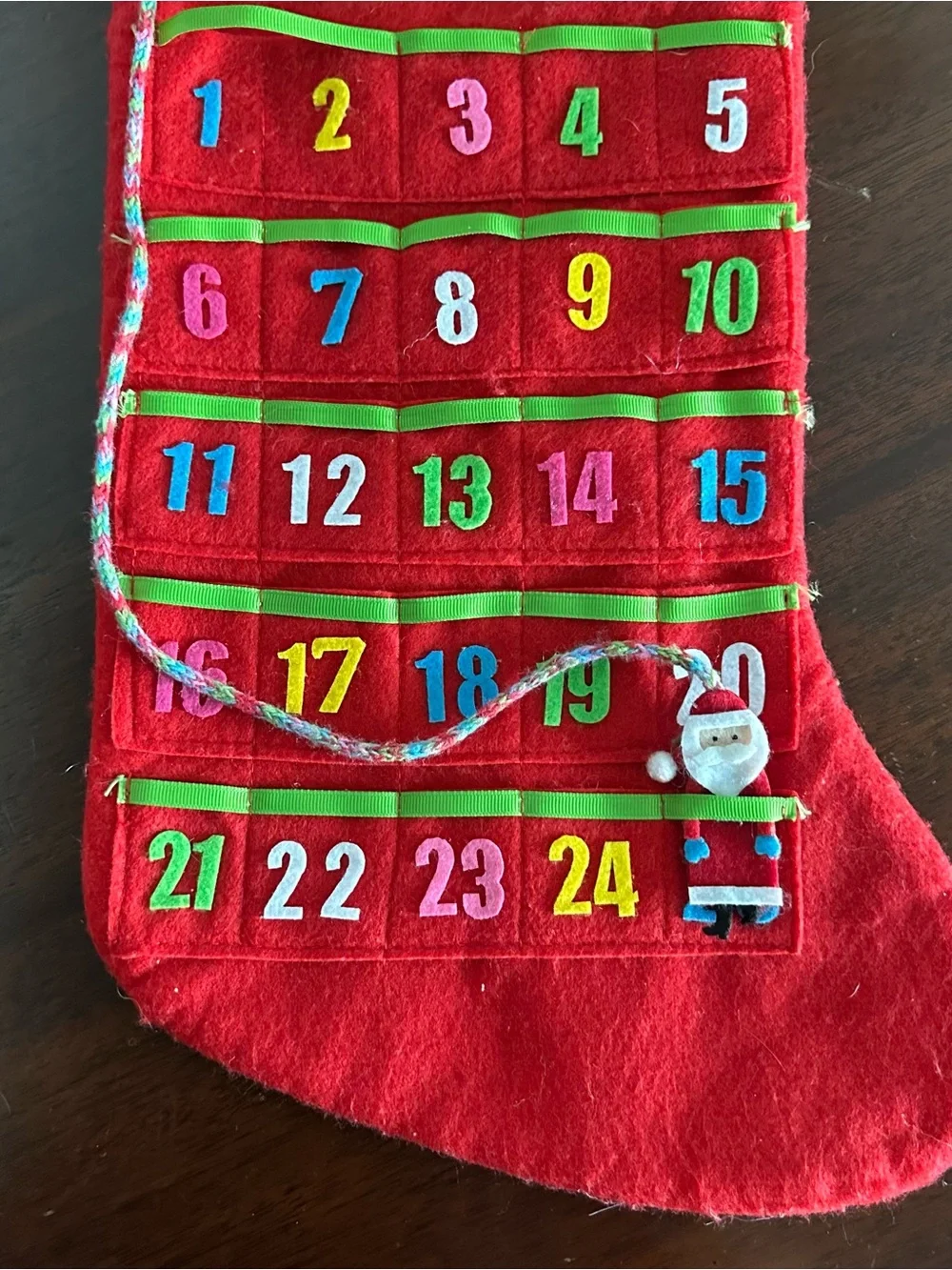 Red Advent Calendar Felt Christmas Stocking with Santa  Holiday Decor READ